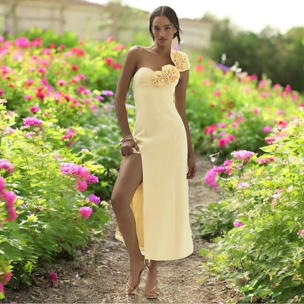 The Wolf Gang One Shoulder Rose Midi‎ Dress with Leg Slit Yellow XL